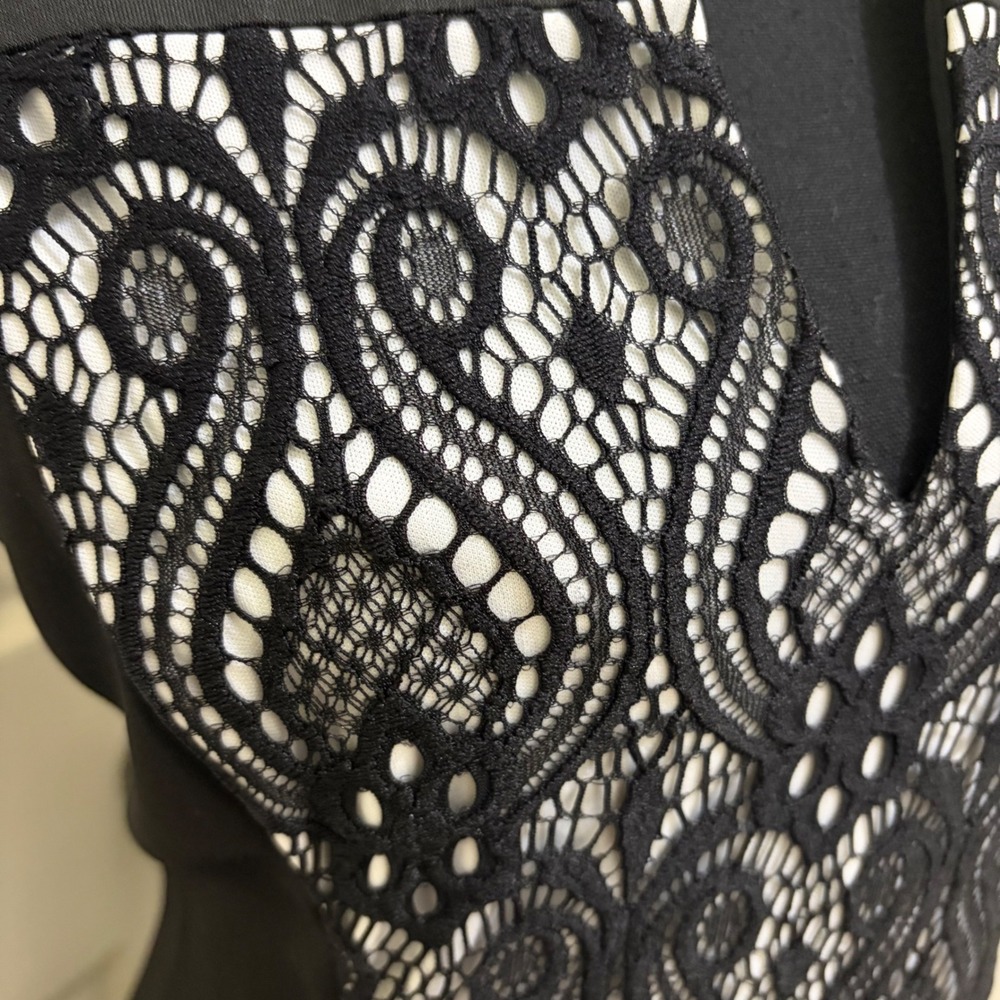 Dressbarn Sheath Dress Black White Lace Panel Size 12 Cap Sleeve‎ Notched Neck - Picture 3 of 10
